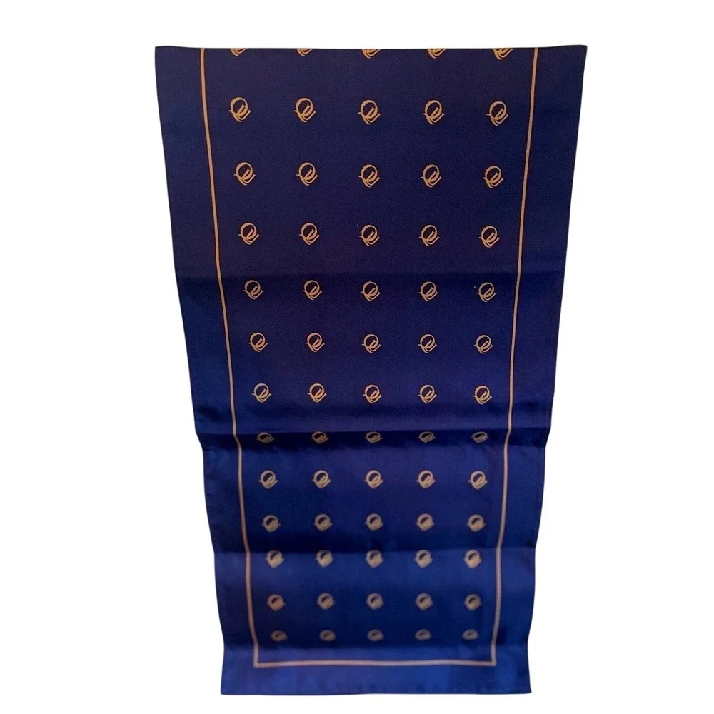 Vtg Designer 100% Silk Scarf Navy Gold Monogrammed Pocket Square Mens Accessory